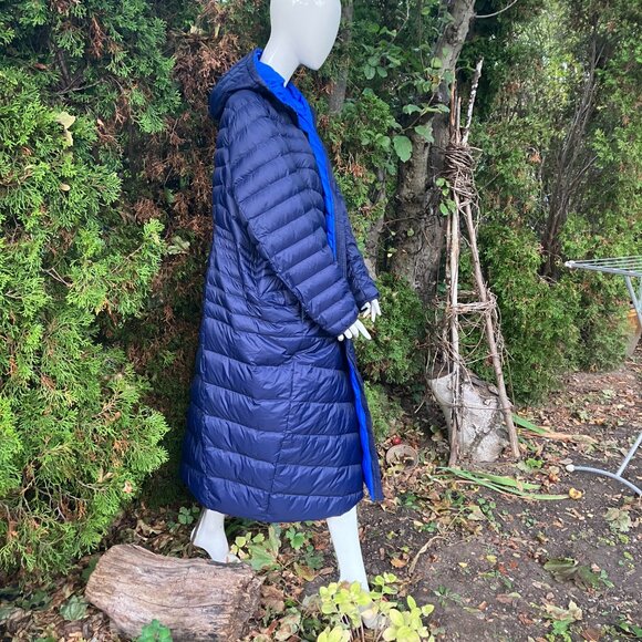 Oversized Navy Blue Down Coat Ankle Length / Hood / Royal Blue Lining Packable - Picture 3 of 12